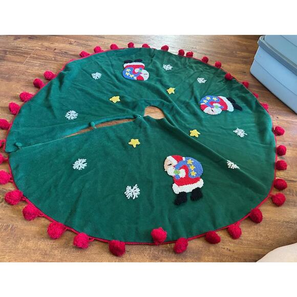 Other - Vintage Green Christmas Tree Skirt with Santa Appliques and Red Pom Pom Trim